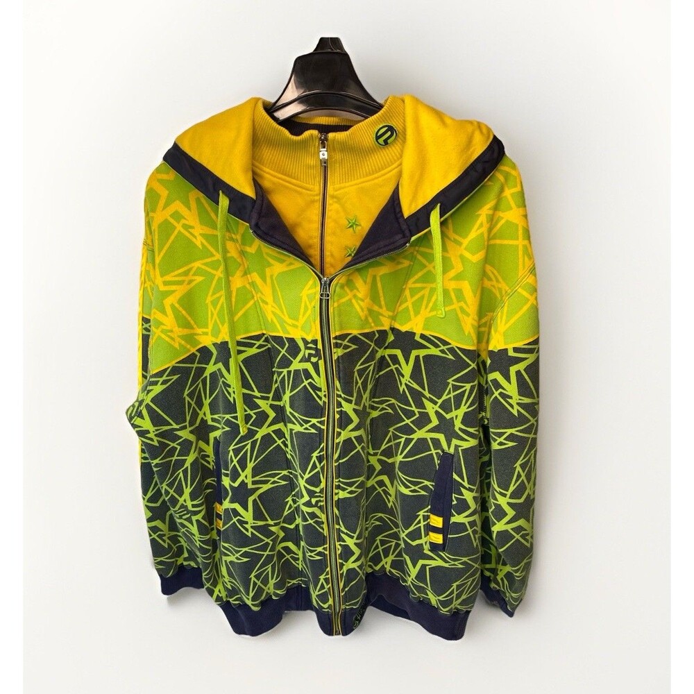 VTG Y2K Pepe Jeans PJL Yellow Green Stars Double Zippers Graphic Hoodie 3XL RARE